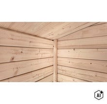 Wandecke einer Holzkonstruktion aus horizontal verlegten Holzprofilen mit Eckpfosten. (Image AI modified or generated)