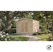 Holzgartenhaus mit Doppeltür und Lamellenfenstern in einem Garten mit Bäumen und Blumenbeeten. (Image AI modified or generated)