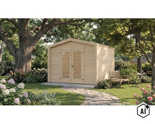 Holzgartenhaus mit Doppeltür und Lamellenfenstern in einem Garten mit Bäumen und Blumenbeeten. (Image AI modified or generated)