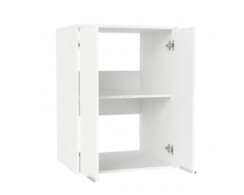 Weißer Küchenoberschrank mit zwei geöffneten Türen und einem Einlegeboden.