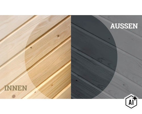 Vergleich von Holzprofilen für die Anwendung innen und außen zur Veranschaulichung der Oberflächenbehandlung. (Image AI modified or generated)