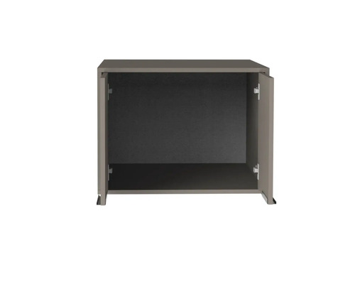 Geöffneter, zweitüriger Küchen-Hängeschrank in Grau