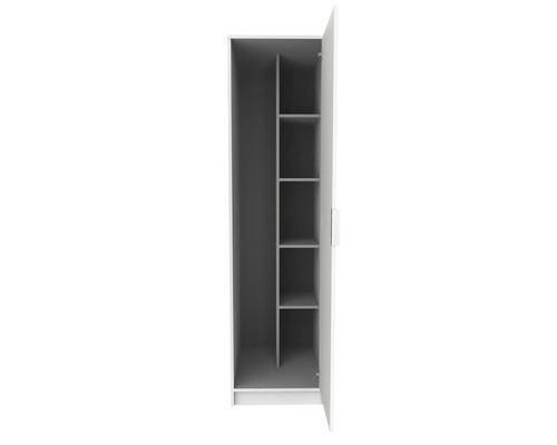 Weißer Besenschrank mit geöffneter Tür, grauer Innenseite, einem hohen Fach und vier kleinen Regalfächern.