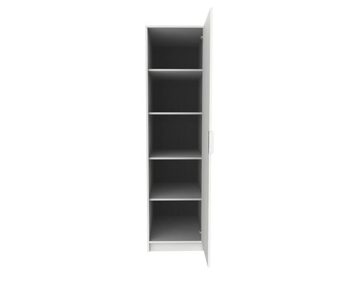 Hoher, schmaler Schrank in Weiß mit geöffneter Tür und fünf Regalfächern.