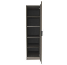 Offener, hoher Badezimmerschrank mit einer Tür und fünf Einlegeböden in Grau.