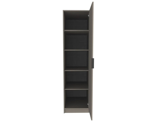 Offener, hoher Badezimmerschrank mit einer Tür und fünf Einlegeböden in Grau.