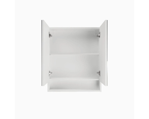 Geöffneter weißer Spiegelschrank fürs Badezimmer mit zwei Türen, einem Einlegeboden und einem offenen Fach unten.