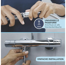 Universeller Anschluss eines Brauseschlauchs an eine Handbrause und einfache Montage an eine Duscharmatur mit Grohe Logo.