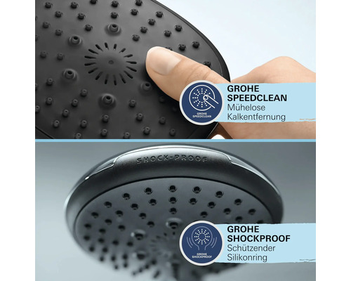 Grohe Handbrause mit SpeedClean für einfache Kalkentfernung und ShockProof Silikonring zum Schutz vor Beschädigungen.