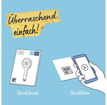 Illustration der einfachen Montage mit Grohe QuickGuide und QuickVideo über QR-Code. GROHE Logo.