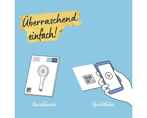 Illustration der einfachen Montage mit Grohe QuickGuide und QuickVideo über QR-Code. GROHE Logo.