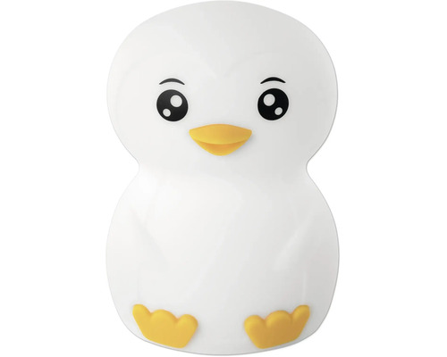 Nachtlicht in Pinguinform für Kinder mit gelbem Schnabel und gelben Füßen.