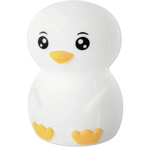 LED-Nachtlicht in Pinguinform aus weichem Material mit gelbem Schnabel und Füßen.