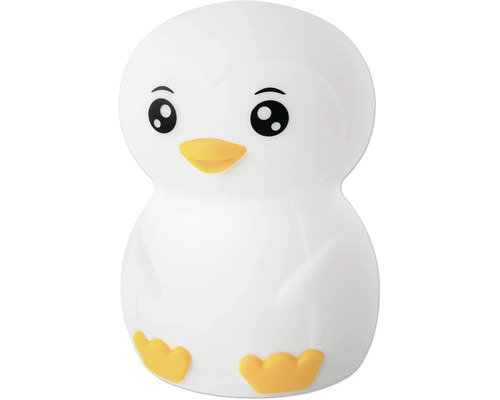 LED-Nachtlicht in Pinguinform aus weichem Material mit gelbem Schnabel und Füßen.
