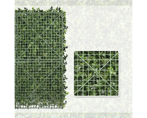 Rückseite eines künstlichen Heckenpanels mit Kunststoffgitter und Detailansicht der Befestigung von Blättern.