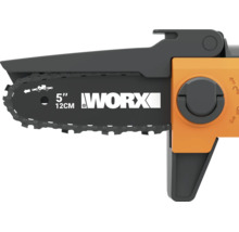 Worx Kettensägenschiene und Kette, 12 Zentimeter Länge, mit Worx Logo und Kettenspannrad.