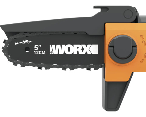 Worx Kettensägenschiene und Kette, 12 Zentimeter Länge, mit Worx Logo und Kettenspannrad.