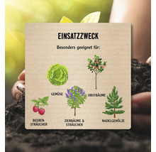 Infografik zum Einsatzzweck: Besonders geeignet für Gemüse, Obstbäume, Beerensträucher, Zierbäume, Sträucher und Nadelgehölze.