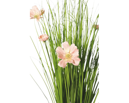 Künstliches Ziergras mit hellrosa Schmuckkörbchen-Blüten.