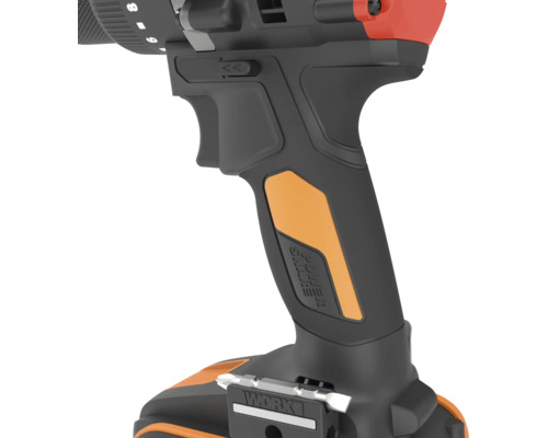 Ergonomischer Griff eines Worx Akku-Bohrschraubers mit PowerShare Logo und Bit-Halterung.