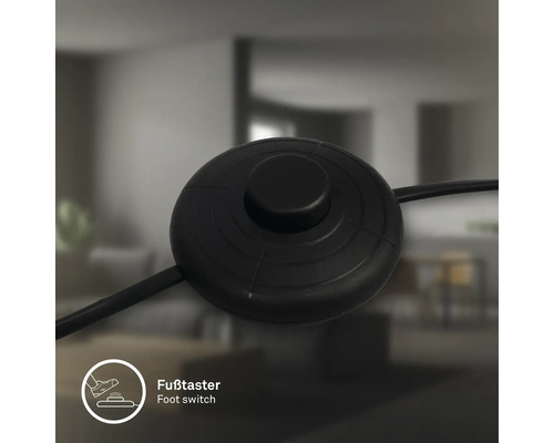 Runder, schwarzer Fußtaster aus Kunststoff für Stehlampen mit Zuleitungskabel.