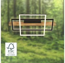 Moderne LED-Deckenleuchte mit Holzbalken und zwei rechteckigen Rahmen. FSC Logo. Kennzeichen für verantwortungsvolle Waldwirtschaft.