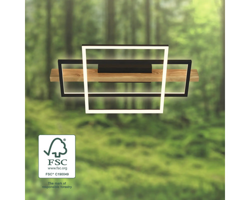 Moderne LED-Deckenleuchte mit Holzbalken und zwei rechteckigen Rahmen. FSC Logo. Kennzeichen für verantwortungsvolle Waldwirtschaft.