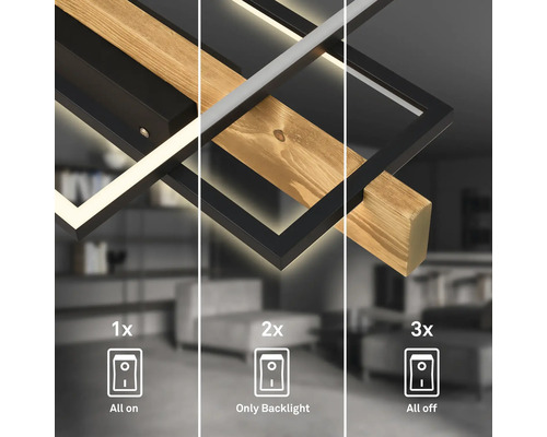 LED-Deckenleuchte aus Holz und schwarzem Metall mit drei Schaltstufen für Hauptlicht und Hintergrundbeleuchtung.