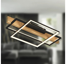 Moderne LED-Deckenleuchte mit Holzbalken und zwei überlappenden, rechteckigen schwarzen Metallrahmen.