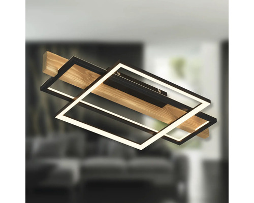 Moderne LED-Deckenleuchte mit Holzbalken und zwei überlappenden, rechteckigen schwarzen Metallrahmen.