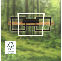 Moderne Leuchte mit Leuchtdioden, Holzbalken und drei quadratischen Rahmen, Zeichen für verantwortungsvolle Waldwirtschaft.