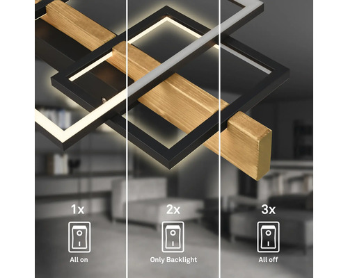 LED-Deckenleuchte mit schwarzen und holzfarbenen rechteckigen Rahmen, zeigt drei Schaltstufen: alles an, nur Hintergrundbeleuchtung und alles aus.