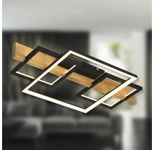 Moderne LED-Deckenleuchte mit zwei überlappenden quadratischen Rahmen und einem Holzbalken.