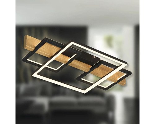Moderne LED-Deckenleuchte mit zwei überlappenden quadratischen Rahmen und einem Holzbalken.