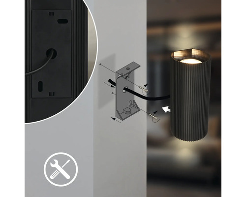 Technische Zeichnung der Montage einer zylindrischen Wandleuchte mit Wandhalterung, Schrauben, Kabel und Montagesymbol.