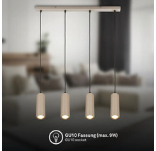 4-flammige Pendelleuchte mit zylindrischen, geriffelten Schirmen und GU10-Fassungen für maximal 9 Watt.