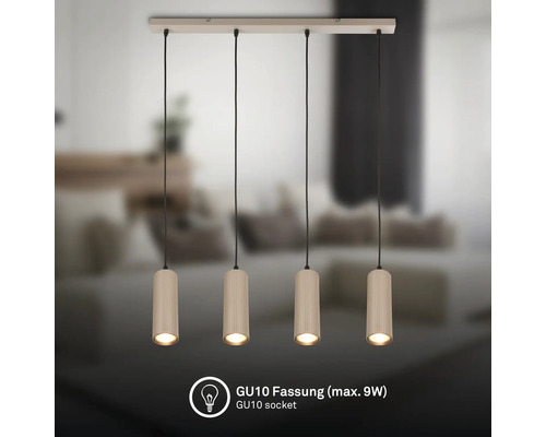 4-flammige Pendelleuchte mit zylindrischen, geriffelten Schirmen und GU10-Fassungen für maximal 9 Watt.