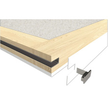 Eckansicht eines Rahmens in Holzoptik mit integriertem Metallprofil und Steckverbinder für Bodenbeläge oder Wandpaneele.