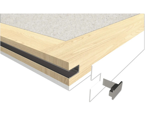 Eckansicht eines Rahmens in Holzoptik mit integriertem Metallprofil und Steckverbinder für Bodenbeläge oder Wandpaneele.