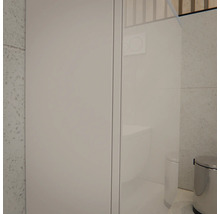 Modernes Badezimmer mit weißem Schrank, Glastrennwand, weißer Toilette und silbernem Treteimer vor hellgrauen Fliesen.