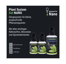 Dennerle Plant System Set NANO mit Spurenelementen S7, Eisendünger E15 und Volldünger V30 für kleine Pflanzenaquarien. Dennerle Logo.