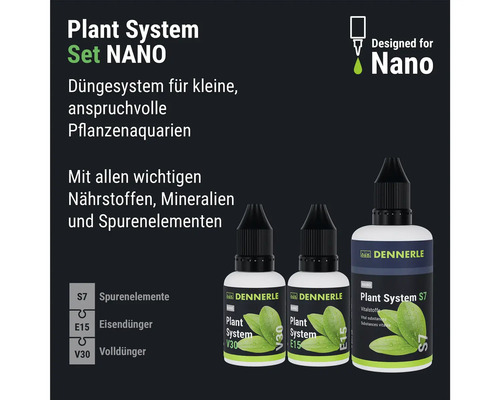 Dennerle Plant System Set NANO mit Spurenelementen S7, Eisendünger E15 und Volldünger V30 für kleine Pflanzenaquarien. Dennerle Logo.