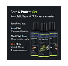 Dennerle Care und Protect Set für Süßwasseraquarien bestehend aus Aqua Elixir, Plant Elixir Basic und Vital Elixir.