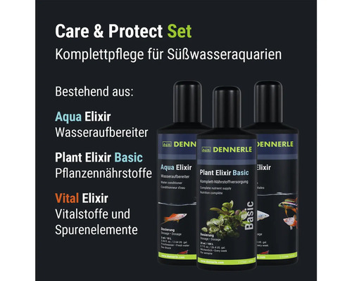 Dennerle Care und Protect Set für Süßwasseraquarien bestehend aus Aqua Elixir, Plant Elixir Basic und Vital Elixir.