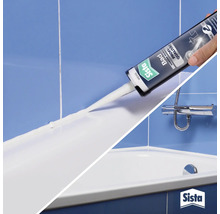 Anwendung von Sista Sanitärsilikon am Rand einer Badewanne. Helles Badezimmer mit verchromter Armatur. Sista Logo.