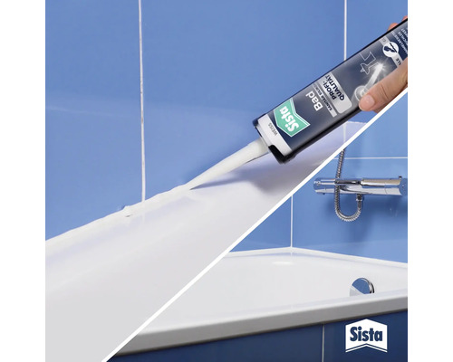 Anwendung von Sista Sanitärsilikon am Rand einer Badewanne. Helles Badezimmer mit verchromter Armatur. Sista Logo.