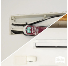 Anwendung von Sista Wand und Decke Acryl zum Abdichten von Leitungen und das fertige Ergebnis mit montierter Klimaanlage an einer weißen Wand.