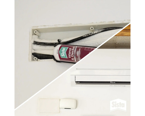 Anwendung von Sista Wand und Decke Acryl zum Abdichten von Leitungen und das fertige Ergebnis mit montierter Klimaanlage an einer weißen Wand.