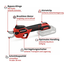 Einhell Akku-Astschere mit bürstenlosem Motor, SK5-Bypass-Klinge, Gürtelclip, Verriegelungsschalter, Softgrip und verstellbarer Schnittkapazität.