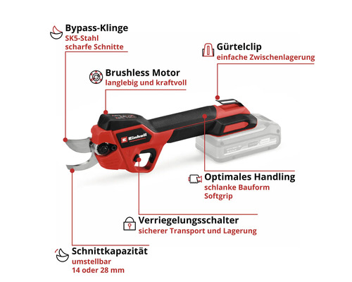 Einhell Akku-Astschere mit bürstenlosem Motor, SK5-Bypass-Klinge, Gürtelclip, Verriegelungsschalter, Softgrip und verstellbarer Schnittkapazität.